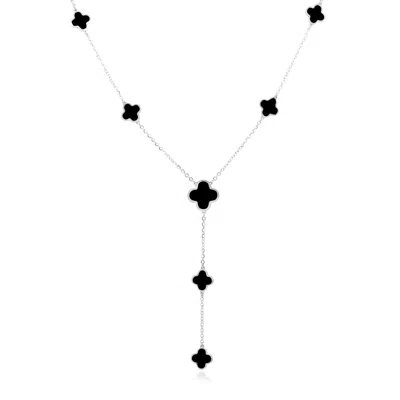 The Lovery Onyx Clover Station Lariat Necklace White Gold