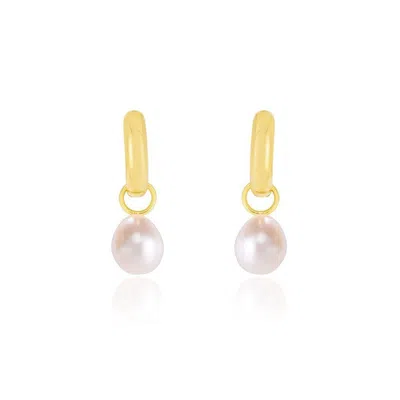 The Lovery Pearl Drop Huggie Hoop Earrings In Beige