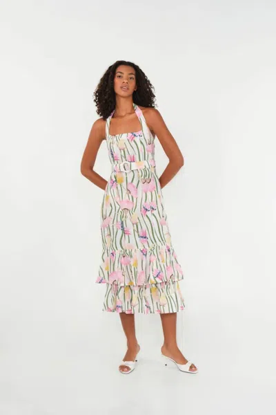 The Lulo Project Australian Halter Midi Dress In Aussie Desert Flowers Linen In White