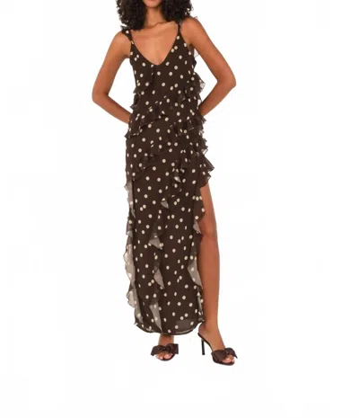 The Lulo Project Cascade Maxi Dress In Brown Polka Dot Chiffon In Multi