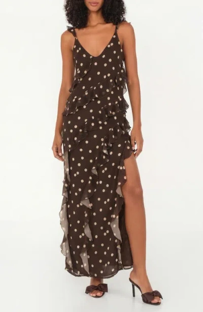 The Lulo Project Cascade Ruffle Chiffon Maxi Dress In Brown