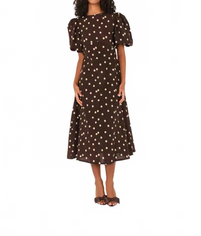 The Lulo Project Dawn Linen Midi Dress In Brown Polka Dot