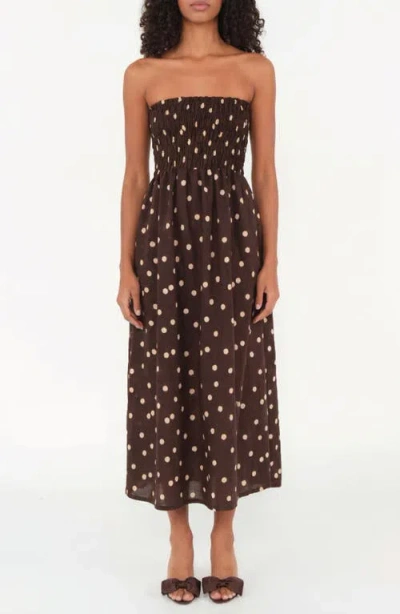 The Lulo Project Drift Polka Dot Strapless Smocked Bodice Linen & Cotton Sundress In Brown