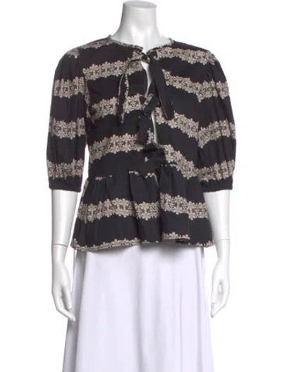 Pre-owned The Lulo Project Floral Print Tie Neck Blouse In Black