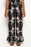 The Lulo Project Floral Ruffle Hem Drawstring Pants In Birds Of Paradise Black