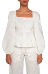 The Lulo Project Hacienda Balloon Sleeve Cotton Peplum Top In White