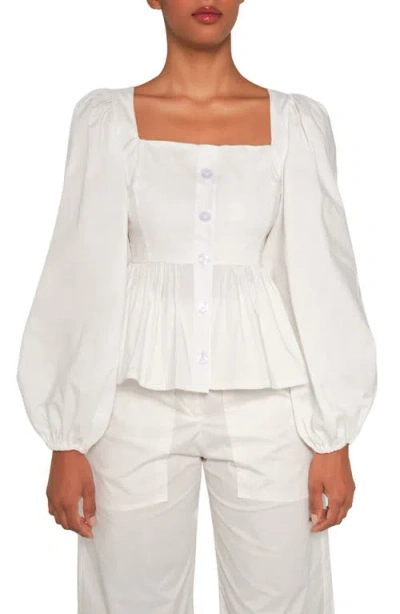 The Lulo Project Hacienda Balloon Sleeve Cotton Peplum Top In White