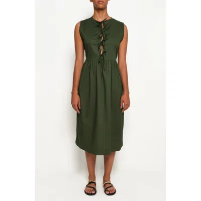 The Lulo Project Hortensia Tie Front Stretch Cotton Midi Dress In Military