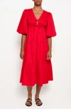 The Lulo Project Lilies Tie Front Stretch Cotton Midi Dress In Red