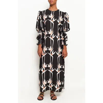 The Lulo Project Makeda Print Long Sleeve Maxi Dress In Birds Of Paradise Black