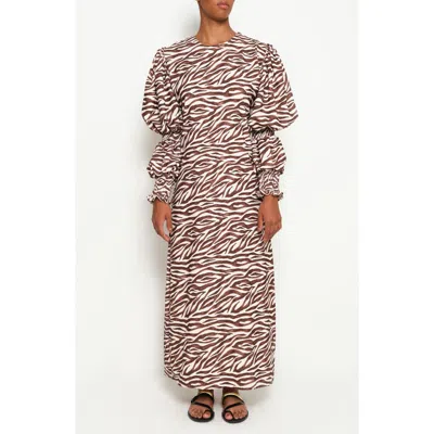 The Lulo Project Makeda Print Long Sleeve Maxi Dress In Brown Zebra