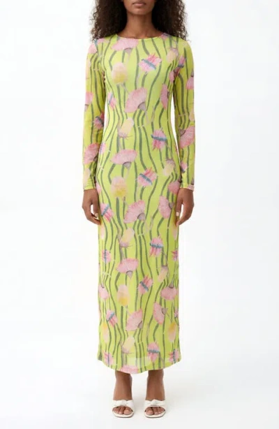 The Lulo Project Nellas Paisley Long Sleeve Mesh Maxi Dress In Yellow
