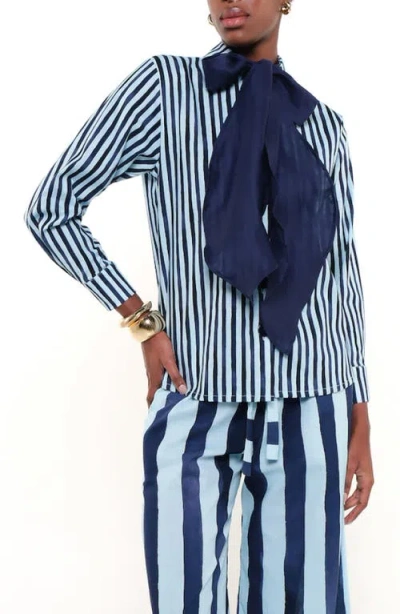 The Lulo Project Olivia Tie Neck Linen Blend Shirt In Blue