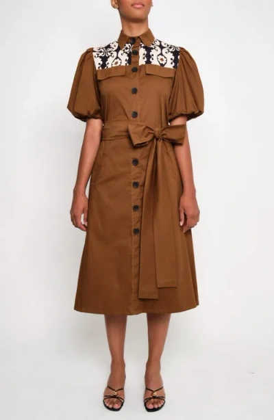 The Lulo Project Pompon Contrast Detail Stretch Cotton Shirtdress In Brown
