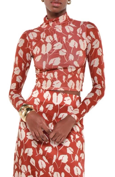 The Lulo Project Print Turtleneck Mesh Top In Red