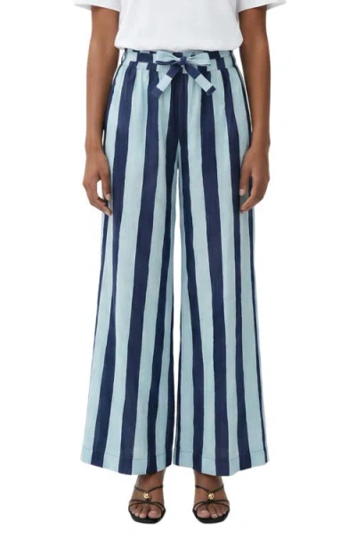 The Lulo Project Stripe Drawstring Wide Leg Pants In Blue