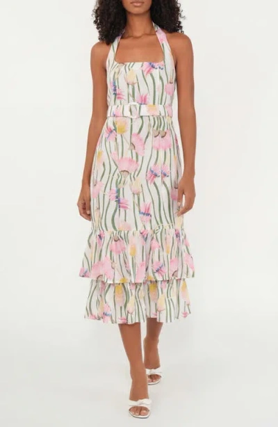 The Lulo Project The Australian Ruffle Halter Linen Blend Maxi Dress In White