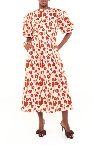 The Lulo Project The Dawn Dot Puff Sleeve Linen & Cotton Maxi Dress In Multi