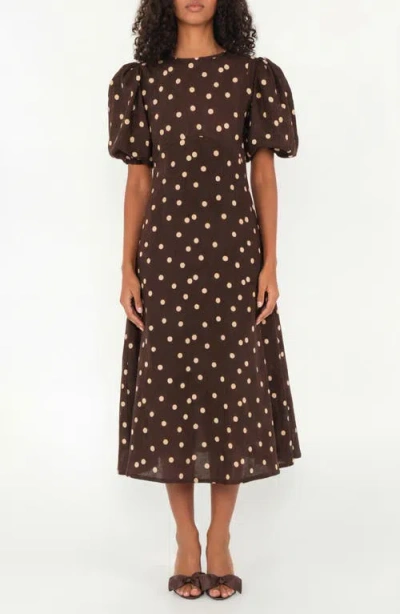The Lulo Project The Dawn Dot Puff Sleeve Linen & Cotton Maxi Dress In Brown
