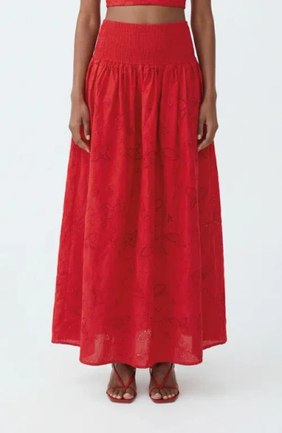 The Lulo Project The Drift Eyelet Maxi Skirt In Red