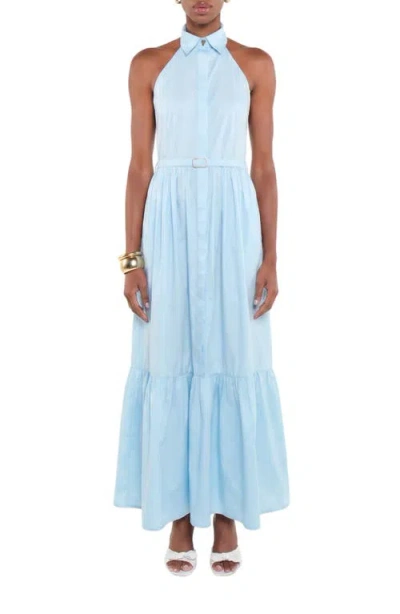 The Lulo Project The Horizon Belted Ruffle Hem Sleeveless Maxi Dress In Blue