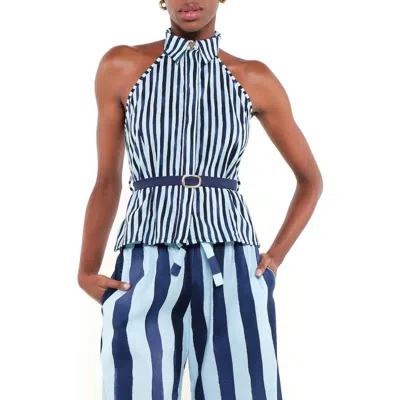 The Lulo Project The Horizon Stripe Belted Linen Blend Halter Top In Blue
