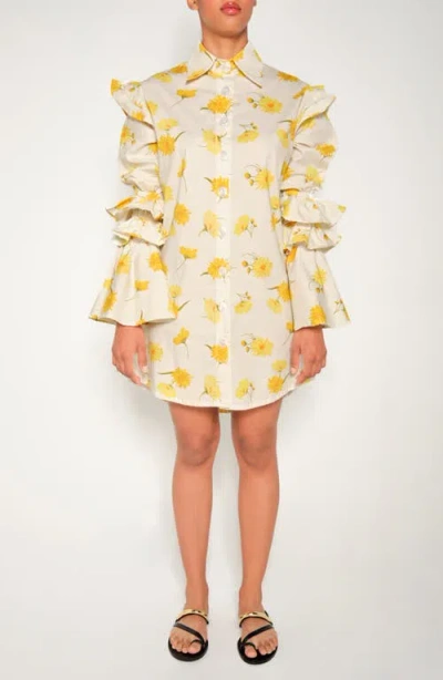 The Lulo Project The Night Owl Floral Long Sleeve Stretch Cotton Shirtdress In Animal Print