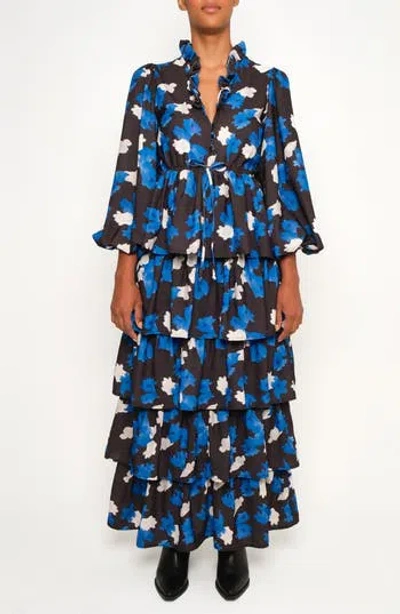 The Lulo Project The Storm Keeper Floral Ruffle Tiered Maxi Dress In Blue