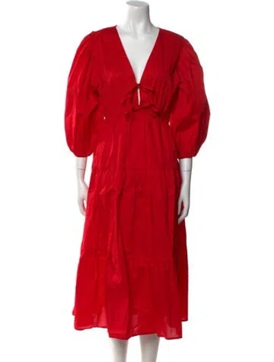 Pre-owned The Lulo Project V-neck Midi Length Dress In Red