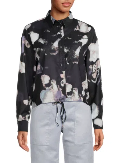 The Lynk Women's Circle Print Drawstring Waist Shirt In Black