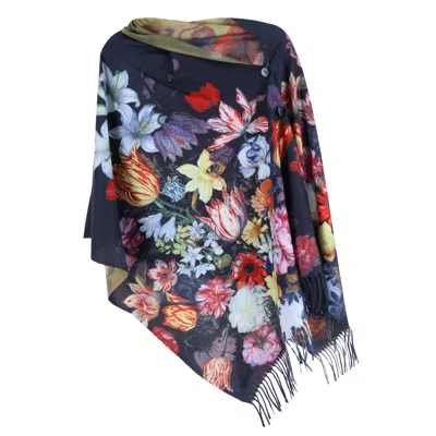 The Magic Scarf Company Women's Reversible Sueded Floral Art Print Button Shawl In Black