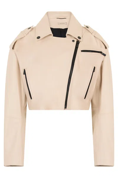 The Mannei Cropped Calfskin Leather Jacket In Pink