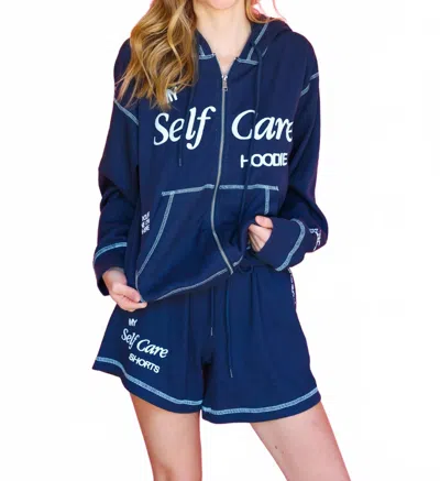The Mayfair Group My Self Care Waffle Zip-up Hoodie In Navy In Blue