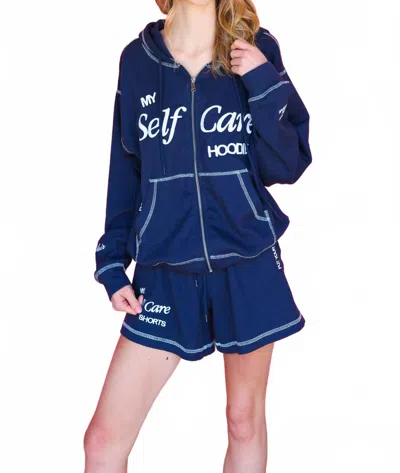 THE MAYFAIR GROUP MY SELF CARE WAFFLE ZIP-UP HOODIE IN NAVY