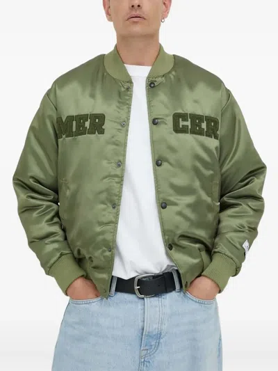 The Mercer Brand Satin Varsity Jacket In Green