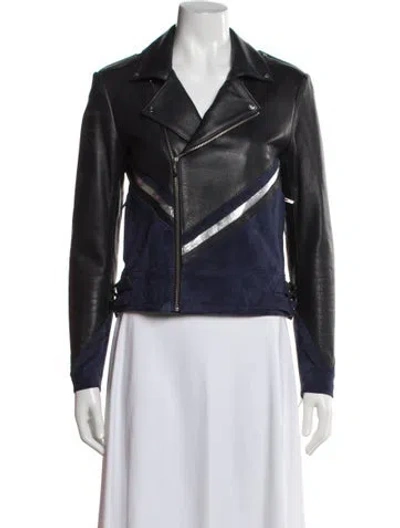 Pre-owned The Mighty Company Leather Colorblock Pattern Biker Jacket In Blue