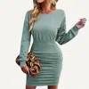 The Moment Collection Flirty Textured Round Neck Long Sleeve Bodycon Mini Dress In Blue Lake In Multi