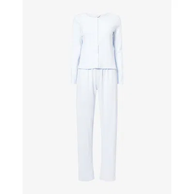 The Nap Co Womens Baby Blue/ Red Rose Pointelle Cotton Pyjama Set Xs In White