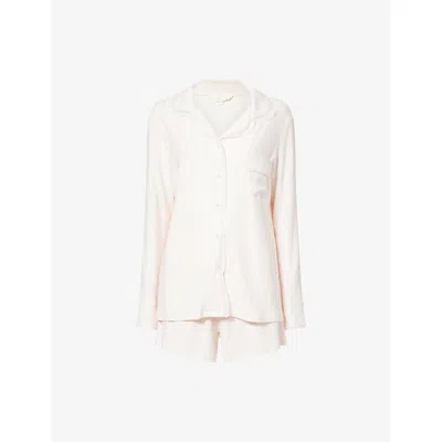 The Nap Co Womens Pink Stripe/ Lace Ribbed Long-sleeve & Shorts Modal-jersey Pyjama Set In White