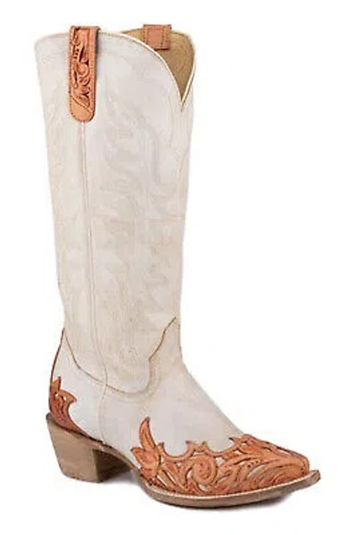 Pre-owned The Natural Roper Womens  White Leather Hummingbird Cowboy Boots