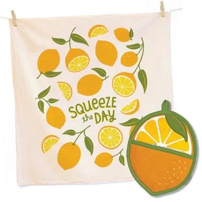 The Neighborgoods Lemon Tea Towel And Pot Holder Set In Yellow