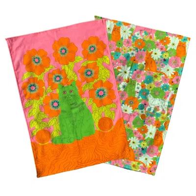 The Neighbourhood Threat Set Of Two Tea Towels - Andy The Cat And Camo Cats In Orange