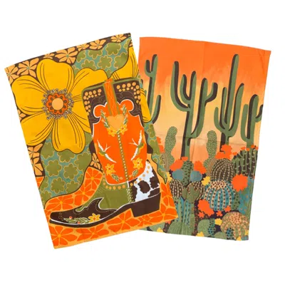 The Neighbourhood Threat Set Of Two Tea Towels - Cactus And Cowboy Boot In Orange