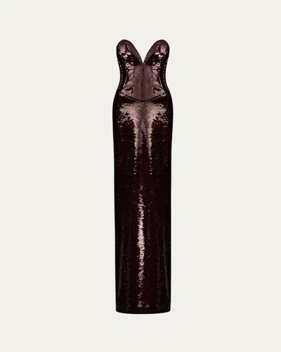 The New Arrivals By Ilkyaz Ozel Azzurra Sequined Strapless Gown In Brown