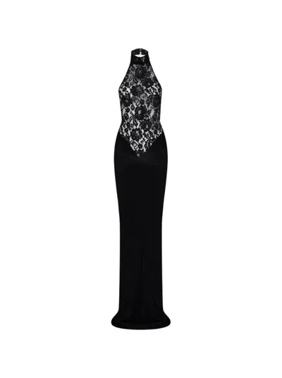 The New Arrivals By Ilkyaz Ozel Cass Lace Halterneck Gown Derriere Noir In Black