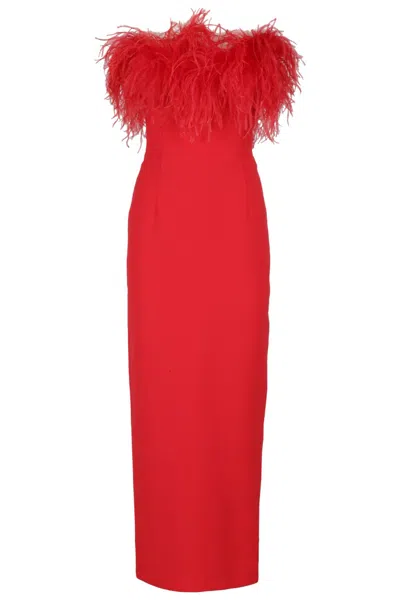 The New Arrivals By Ilkyaz Ozel Feathered Neckline Sheath Dress With Back Slit In Red