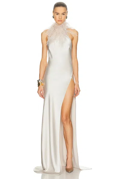 The New Arrivals By Ilkyaz Ozel Jazzy Feather Detailed Satin Dress In Silver
