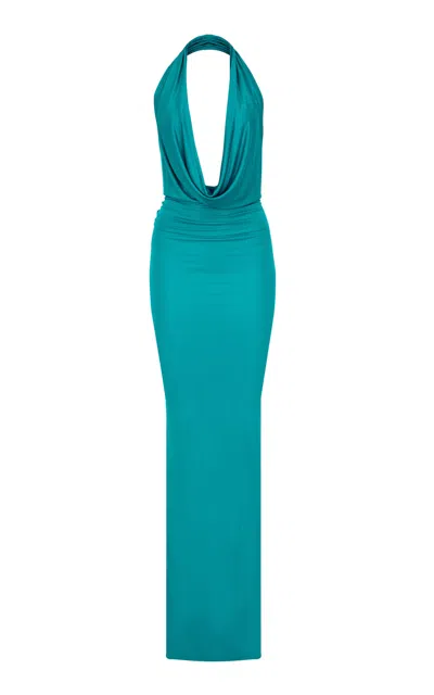 The New Arrivals Ilkyaz Ozel Agel Draped Crepe Jersey Maxi Dress In Blue