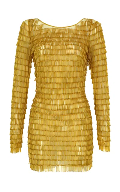 The New Arrivals Ilkyaz Ozel Amara Open Back Beaded Mini Dress In Gold