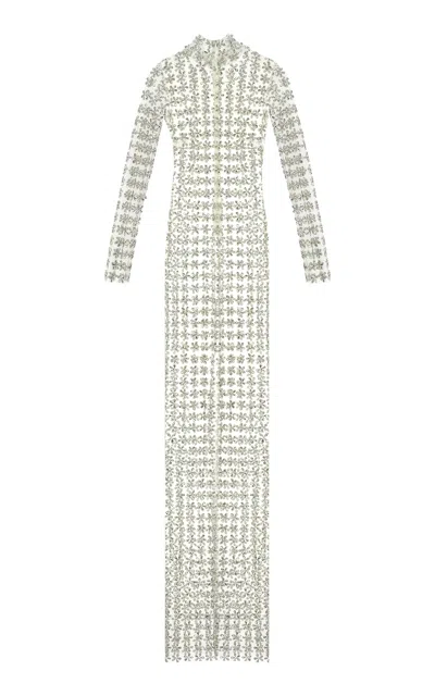 The New Arrivals Ilkyaz Ozel Catroux Crystal-embellished Mesh Maxi Dress In Silver